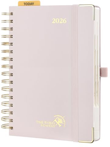 POPRUN Kalender 2026 Tagesplaner 21,5 x 14,5 cm, Tageskalender A5 1 Tag 1 Seite (Montag - Sonntag), Terminplaner (Jan.2026-Dez.2026) Ringbuch mit Hardcover, Plastiklineal - Hellrosa