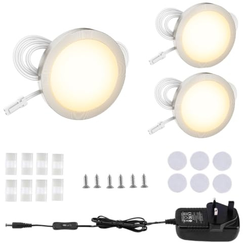 LABOREDUCER Unterbauleuchte Küche LED 3er, Schrankbeleuchtung mit Stecker | LED Puckleuchten Schalter & 12V Adapter, Flackerfreies Licht für Küche, Schrank, Regal, Vitrine (Warmweiß2700K)