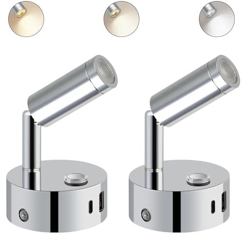 ERWEY 2er LED Leselampe 12V Wohnmobil,Wandleuchte Bettlampe mit Schalter Touch Dimmbar 3000K-6000K, DC 12V-24V Spot Innenbeleuchtung mit USB A+C-Anschlüssen für Boot Auto Van Yacht (Silber)