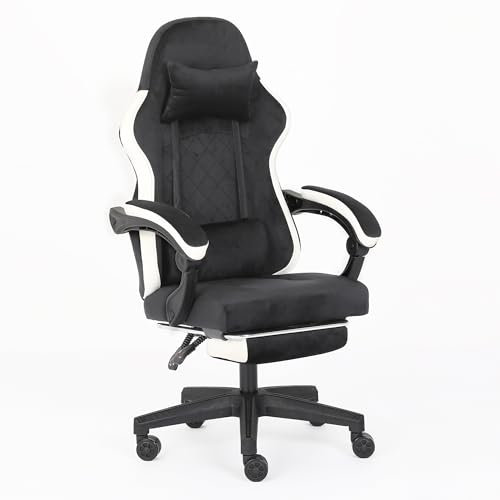 AUNEK Silla Gaming con Reposapiés y Soporte Lumbar, Reclinable hasta 140°, Tela Flannel Transpirable, Altura Ajustable, Cojín Cervical, Silla Gamer para Oficina y Hogar (Negro)