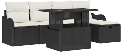 vidaXL 6-teiliges Gartensofa-Set mit Kissen in Schwarz aus Poly-Rattan. Modulares Design, wetterfeste Stoffe, integrierter Stauraum und handgewebte, verstellbare Füße. Ideal für draußen!