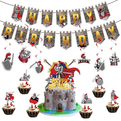 Mittelalterliche Ritter-Geburtstagsdekorationen, Ritter-Themen-Geburtstagsparty-Zubehör, Ritter-Themen-Happy Birthday-Banner, Schloss-Kuchenaufsatz, hängende Wirbel und Cupcake-Topper