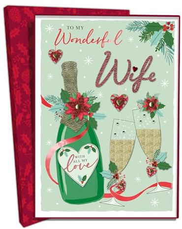 Second Nature Luxury Boxed Christmas Card – To My Wonderful Wife – Large 30cm x 21cm Hand-Finished Greeting with Gem Embellishments – Elegant Festive Card for Her