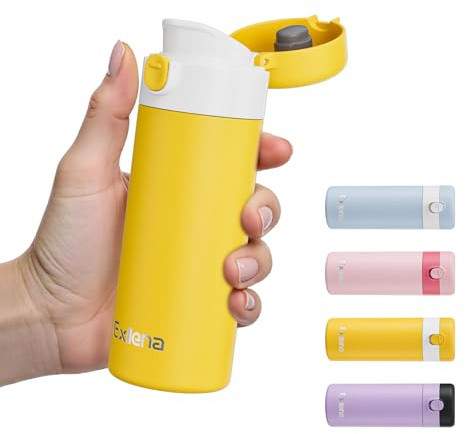 Exllena Botella Térmica Pequeña 220ml con Tapa Abatible de Un Solo Toque – Termo Pequeño, Diseño Compacto, 100% Antifugas, Ideal para Café, Leche o Bebidas Frías(Amarillo/Blanco)