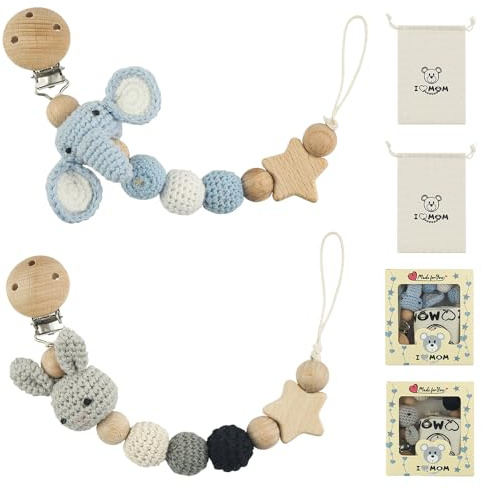 Weciau Baby Schnullerkette, 2 Stück Handgemachte Schnullerkette Holz, 2-in-1 Bibs Schnullerkette mit Geschenkverpackung, BPA Frei Langlebig Trinkbecher Halteriemen (Elefant Kaninchen)