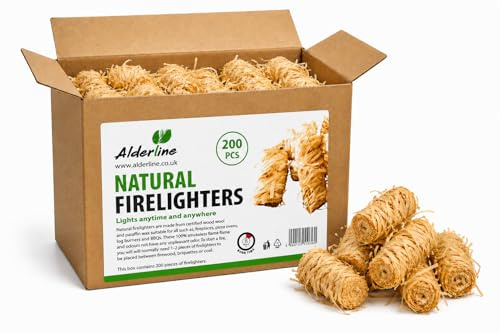 Alderline Natural Firelighters 200 Box – Sustainable Wood Wool Fire Starters with Wax, Smokeless Odourless Eco Firelighters for Wood Burners, Fireplaces, BBQ, Charcoal, Pizza Oven & Fire Pits
