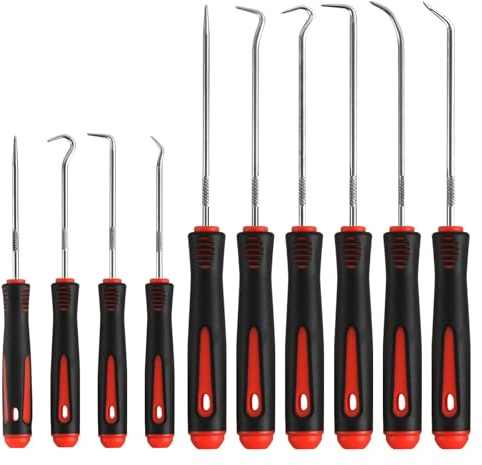 Wuhmhm 10 Stück Wellendichtring Werkzeug Set, Rot Haken Werkzeug mit Rutschfestem Griff,16,5 cm und 24 cm Simmerring Werkzeug für O-Ringe, Dichtungen, Entfernen von Schläuchen und Dichtungen