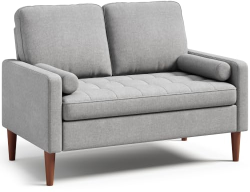 Blishom Sofa 2 Sitzer Klein, 121cm Couch 2 Sitzer, Kleine Stoffcouch | Mini Sofa Mit Armlehne, Knöpfe Sitzkissen Gästesofa für Wohnzimmer/Wohnung/Büro, 121 x 76 x 87 cm, Hellgrau