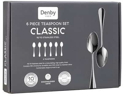 Denby Classic Teaspoon Set - 6 Piece 18/10 Stainless Steel Cutlery - Traditional Design with Mirror Finish - Dishwasher Safe Flatware - Spoon Set for Tea & Coffee - Everyday Tableware