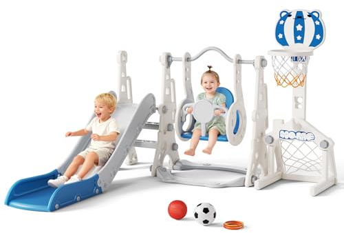 Lischwert Torre Gioco 6-in-1 con Scivolo e Altalena, Anti-ribaltamento per Bambini da 1 Anno, Scala, Canestro & Porta, Interno Esterno Blu-Beige