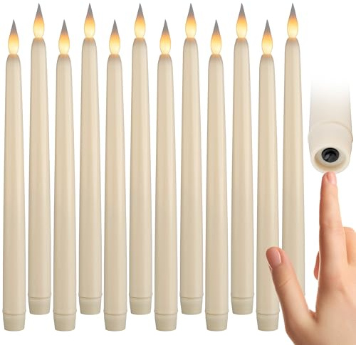 WYZworks Set of 12, 11 LED Flameless Ivory Real Wax Taper Flickering Candles Lights, Battery Operated Candlesticks for Holiday Christmas Valentine Menorah Candelabra Home Wedding Window Décor