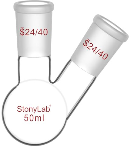 StonyLab Borosilicate Glass 2 Neck Round Bottom Flask RBF, with 24/40 Center and Side Standard Taper Outer Joint - 50ml