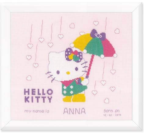 Vervaco Counted Cross Stitch Kit: Hello Kitty: A Shower of Hearts, Cotton, NA, 25 x 25cm