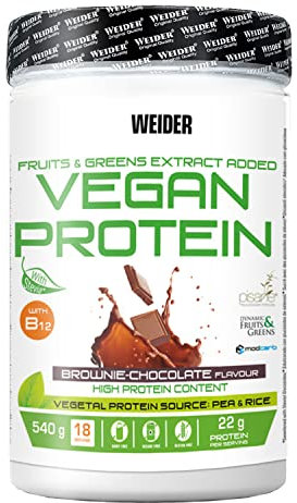 Weider Vegan Protein (540g) Brownie-Chocolate Flavour. Quality Protein 100% Plant-Based 21g/Serving, Pea Isolate (Pisane) & Rice. with Vitamin B12 & Stevia. Gluten Free, No Sugar. (18 Servings)