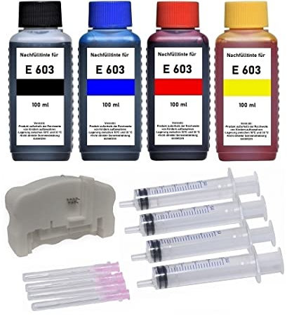 Inkpro Tintenpatronen Nachfüllset + Chipresetter für E 603, E 603 XL Black, Cyan, Magenta, Yellow - 4 x 100 ml Premium Nachfülltinte und Zubehör