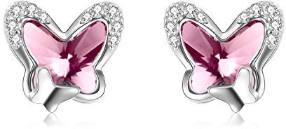Sterling Silver Butterfly Stud Earrings, Butterfly Jewellery Birthday Gifts for Women Girls Her Daughter (Pink)