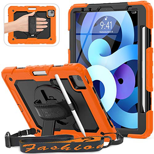 SEYMAC Coque pour iPad Air 5ème 2022/ iPad Air 4ème en 2020 10.9 Pouces, Supporte Charge sans Fil Pencil 2, iPad Pro 11 2020/2018 étui, Protecteur D'écran, Dragonne, Support, Bandoulière, Orange