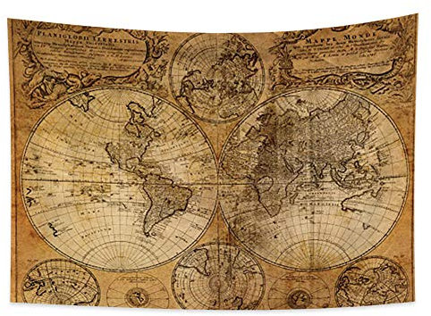 YONGFOTO 150x100cm Karte Wandteppich, Weltkarte Wandteppiche Vintage Wanderlust Piratenkarte Alte historische Atlas Erde Runde Oberfläche Tapisserie für Wohnheim Dekor Weiche Bettdecke E-Lektion
