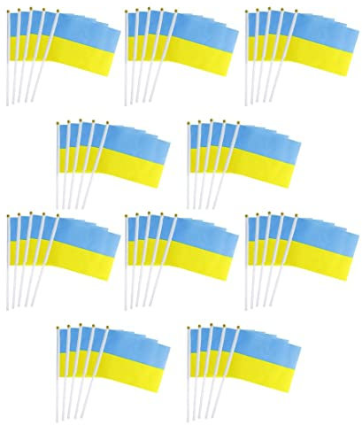 Fahne Flagge Ukraine NEU 14 cm x 21 cm Flaggen Fahnen - Handwinkende Mini-Bannern - Ukraine Fahne Stockfahne Kleine Ukraine Flagge Party Anfeuern Fahnen/Fähnchen (50PC)