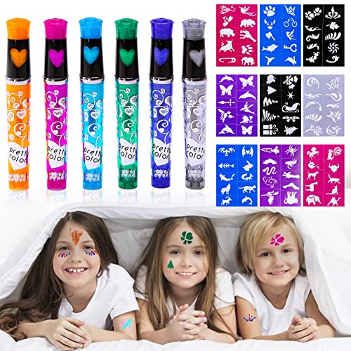 TaimeiMao Tattoo Stifte,6 Glitzer Tattoostift für Die Haut,mit 10 Tattoo Schablonen 100 Muster,Halloween Aufkleber Gesicht,für Mädchen Fasching Geburtstage Weihnachten Party Verkleiden