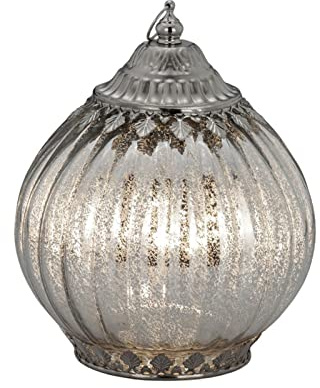 Deko-Glaslaterne silberfarben - 19 x 15 cm verzierte Laterne im Glockenstil mit 5er LED-Lichterkette, An/Aus-Schalter & Aufhänge-Ring - stimmungsvolle Tisch- & Hängedeko für Zuhause & Geschenkidee