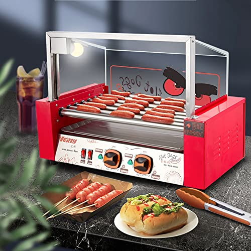 ZYFC Máquina Asador de Perritos Calientes, Máquina para Cocinar Salchichas a La Parrilla, 7 Rodillos Antiadherentes con Bandeja de Goteo de Acero Inoxidable Extraíble y Cubierta de Campana de Vidrio