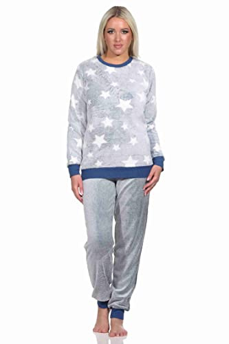 Normann Damen Langarm Schlafanzug mit Bündchen in Sterneoptik aus kuschelig warmen Coralfleece