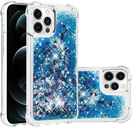 IMIRST Silicone Coque pour Apple iPhone 12 Pro Max, Coin Airbag Antichute Paillettes Sables Mouvants Coque TPU Bumper Sparkle Case Compatible avec Apple iPhone 12 Pro Max. YBW Love Blue