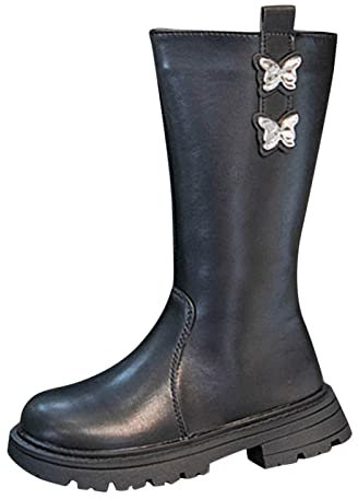 FGUUTYM Stivali invernali da bambina, in pelle, con chiusura lampo laterale, antiscivolo, Nero , 26 EU