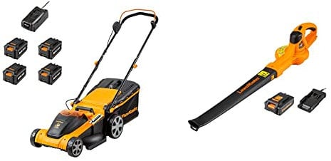 LawnMaster 48V 41cm Cordless Lawnmower with Spare MX 24V 4.0 Ah Batteries and 2x Fast Chargers & 24V Cordless Leaf Blower with Battery - Lightweight Battery Powered Garden Blower