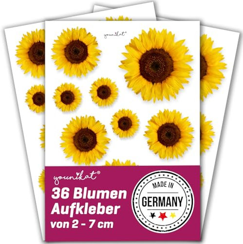 Aufkleber-Set Sonnenblumen für Kinder 36 Stück I 3 Bögen DIN A5 I UV-Schutzlaminiert I Fahrrad-Aufkleber I Selbstklebend Blumen Sommer I Kfz712