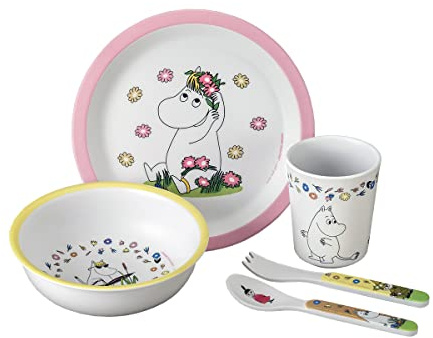 PETIT JOUR - Coffret Cadeau 5 Pièces Pour Enfant 6Mois+ - Mélamine - Sans BPA - Assiette 18cm, Timbale 160ml, Bol 250ml, Set De 2 Couverts 14cm - Lavable Au Lave-Vaisselle - Moomin - Rose