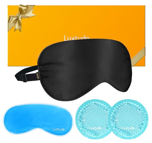 Luxtude Augenmaske Kühlend Wärmend mit Wiederverwendbar Gel Packs, 100% Natürliche Maulbeere Schlafmaske, Kühlende Augenmaske Seide für Migräne/Augenringe/Trockene Augen/Geschwollene