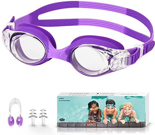 Gafas de Natación Adecuadas y Cómodas Gafas con Clip de Nariz Enchufe de Oído,Antiniebla Sin Fugas Gafas de Piscina Ajustable para Niños de 4 a 14 Años (Púrpura)