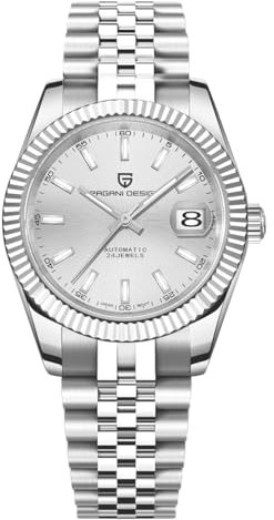 Pagani Design Reloj Automático para Hombre Movimiento Japonés Caja de Acero Inoxidable Esfera de Cristal de Zafiro 21 Piedras Oro Reloj de Lujo PD 1645 (Plata Blanco)