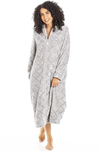 Camille Damen Superweicher Fleece-Hausmantel - Diamantprägung Luxus-Bademantel Mit Reißverschluss - Langärmelig Und Seitentaschen 42-44 GREY