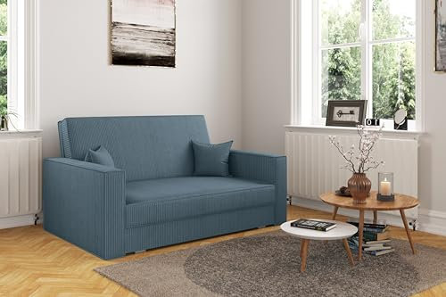 Kaiser Möbel - Sofa mit Schlaffunktion und Bettkasten, Sofa 2-sitzer, Schlafsofa mit Bettzeugbehälter, Klappsofa, Bettsofa, Bequemes Couch für Wohnzimmer und Schlafzimmer, Cordstoff, America, Ozean