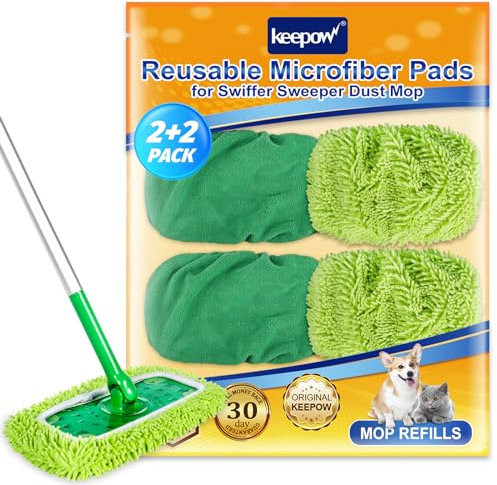 KEEPOW 4 Wiederverwendbar Mops Tücher für Swiffer Sweeper Bodenwischer, Feuchte Bodentücher für Swiffer Bodenwischer Nass Trocken, Korallenvlies Chenille Mikrofaser Bodentücher Grün