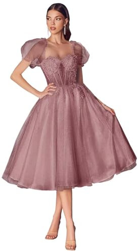 Beyonddress Glitter Tüll Tee Länge Abendkleider Ballkleider Sparkly Spitze 3D Blume Puffy Sleeve Formelle Party Kleid für Frauen(Dusty Rose,46)