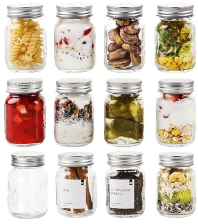 LIBWYS Einmachgläser mit Schraubdeckel 12er Mason Jar - 120 ml, Luftdichte Gewürzbehälter mit etiketten - Gewürze Aufbewahrung Spülmaschinenfest Wasserdicht - Edelstahl Spice jars