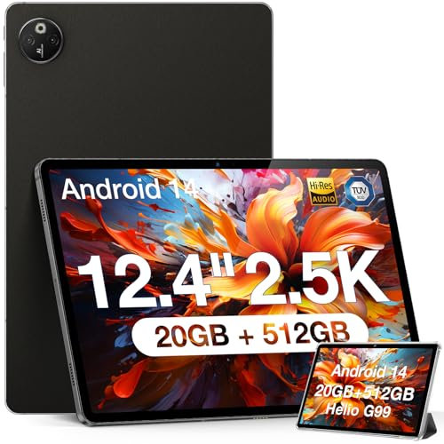 DOOGEE T30 MAX Tablette 512GB ROM(TF 2TB) +20GB RAM Android 14 Écran 12,4 Pouces 2560*1600, 10800mAh/33W, Helio G99/Octa Core, 50MP+20MP, Tablette Android 4G LTE+5G WiFi/Widevine L1/TÜV/OTG/GPS, Noir