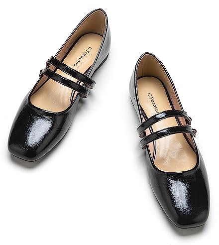 C.Paravano Mary Jane Schuhe | Elegant Ballerinas | Flache Damen Schuhe | Riemchenballerina (40.5, Schwarz)