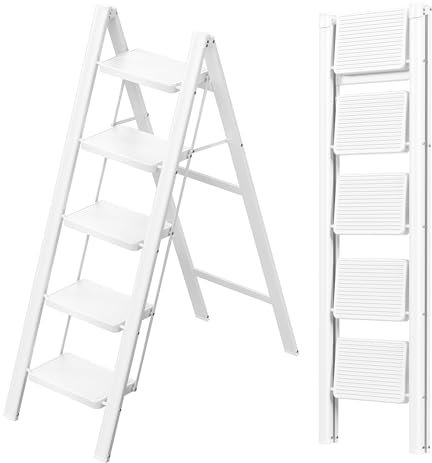YOUTHCLUB Escabeau Solide à 5 marches, Capacité 270 kg, Tabouret Pliant pour Adultes, Marchepied de Cuisine Portable & Peu Encombrant, Multifonctionnel pour Le Bureau à Domicile - Blanc