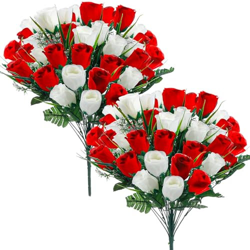 XunYee 2 Blumensträuße Künstliche Friedhofsblumen, 48 Köpfe, künstlicher Rosenstrauß, gefälschte Gedenkblumen für Grabseide, Kunstrosen, Arrangements für Grabsteine, Grabstein (weiß und rot)