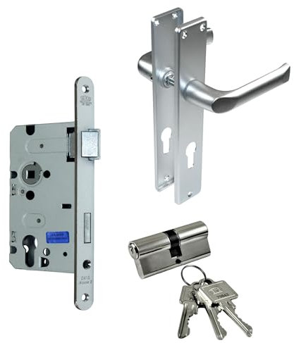 SN-TEC BKS Zimmertür/Wohnungstür/Badezimmer Komplett Set, inclusive Aluminium Schild Beschlag (PZ Schließzylinder, DIN RECHTS, Langschild 215mm x 40mm)