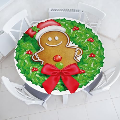ABAKUHAUS Lebkuchenmann Elastisches Rundtischtuch, Weihnachtskranz, Rundum-elastische Stofftischdecke, 90 cm - 100 cm, Hellbraun Grün Rot