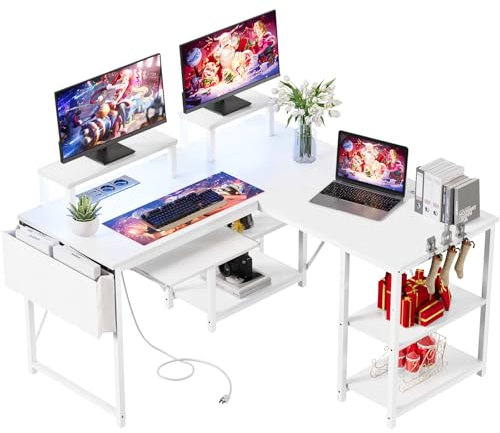 TRIUMPHKEY Scrivania ad Angolo per Computer,140x140cm Scrivania da Gaming con LED,Scrivania a Forma di L con Porta di Ricarica USB e Presa,per Casa Ufficio,Bianco