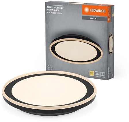 LEDVANCE ORBIS Pederson LED-Deckenleuchte mit Plastikring, schwarz, 24W, 1450lm, 3000K, 830 freundliches Warmweiß, 450mm Durchmesser, IP20 Schutz, Montageschrauben und Dübel inklusive