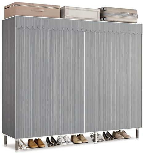 Kleiderschrank Stoffschrank Stabil, Stoff Faltschrank Für Schlafzimmer Mit Kleiderstange & Ablagen, Ankleidezimmer Garderobe Mit Kleiderständer 146x46x173cm Graue Streifen
