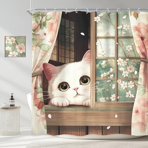 Newsely Tenda da doccia giapponese a forma di gatto, 182 x 182 cm (larghezza x altezza), divertente motivo anime, stile asiatico, tenda da doccia con animali, set da bagno tradizionale floreale,